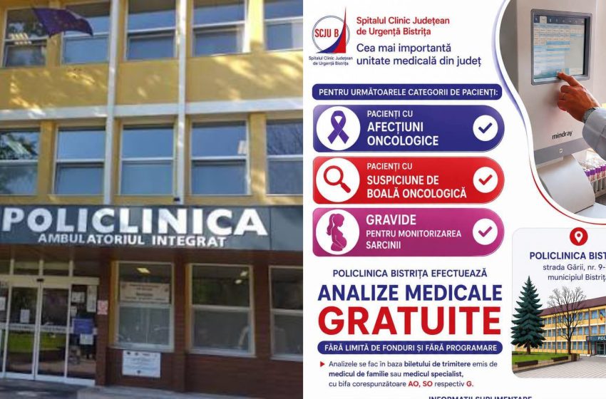  Analize medicale gratuite la Policlinica Bistrița pentru pacienții cu afecțiuni oncologice, suspiciune de boală oncologică și gravide