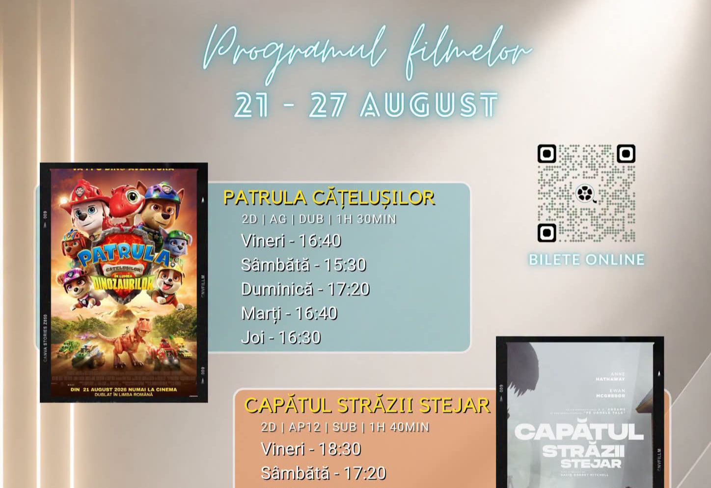  Programul filmelor la Cinema Dacia din Bistrița, în perioada 21-27 august 2026