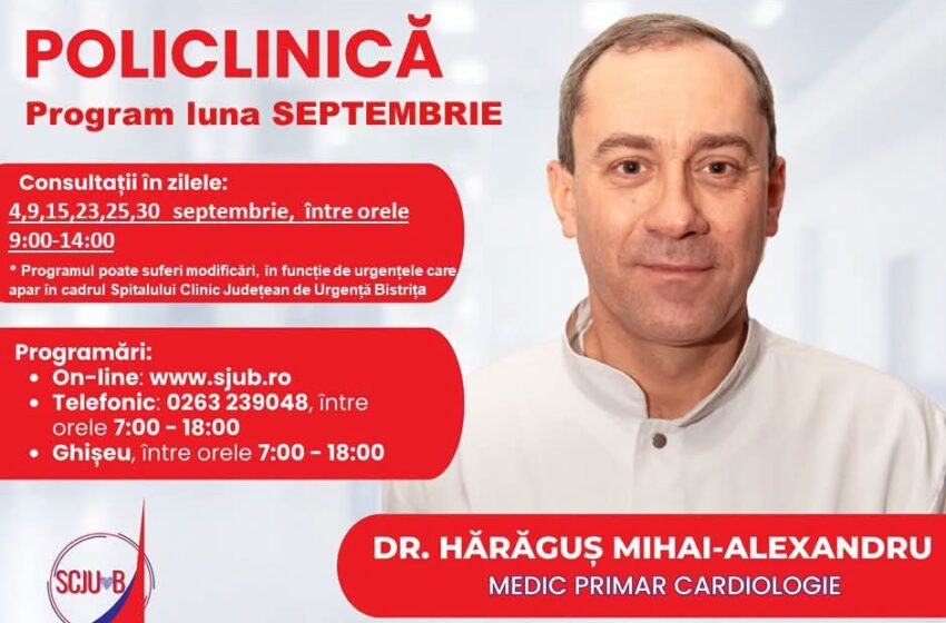  Programări la Cardiologie pentru luna septembrie, la Policlinica Bistrița