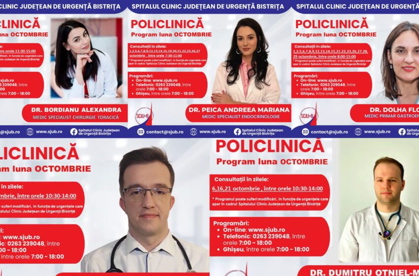  Programul medicilor din Policlinica Bistrița, în luna octombrie. Pacienții își pot face programări online sau telefonic