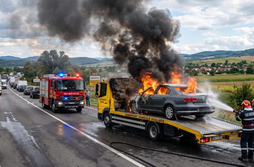  O mașină transportată pe o platformă a luat foc pe DN 15, în zona Crainimăt-Sărățel