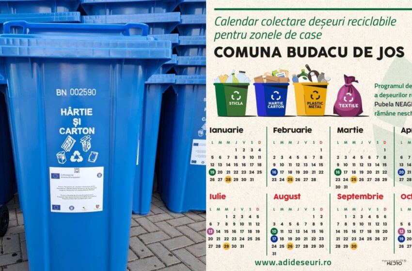  LUNI, 19 OCTOMBRIE, SE COLECTEAZĂ PUBELA ALBASTRĂ ÎN COMUNA BUDACU DE JOS!