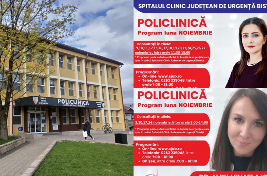  Programări pentru luna noiembrie, la Policlinica Bistrița. Zece specialități medicale disponibile