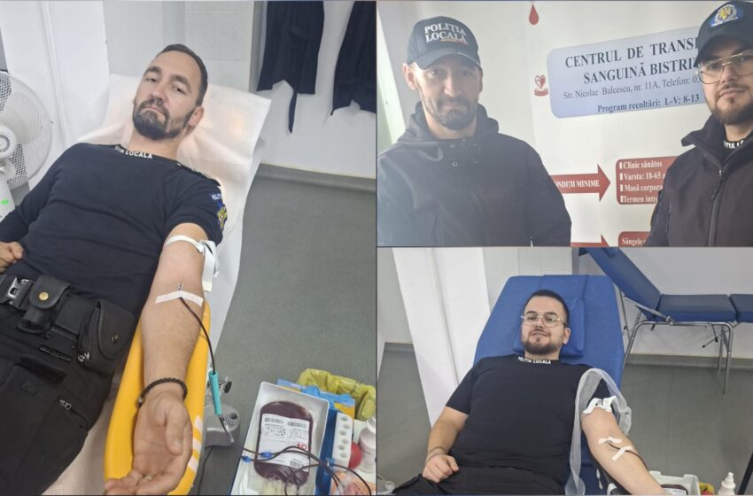  Polițiștii locali din Bistrița au donat sânge și îi îndeamnă pe cetățeni să le urmeze exemplul. FOTO