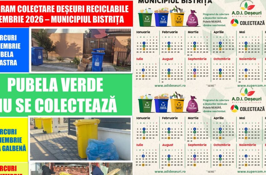  Află programul de colectare din luna noiembrie a deșeurilor reciclabile din Municipiul Bistrița și localitățile componente